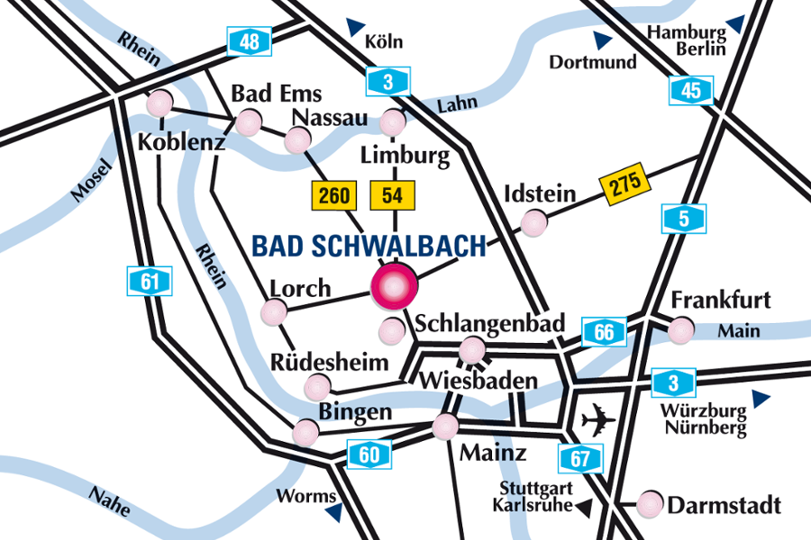 Eine Karte, die Anreise nach Bad Schwalbach verdeutlicht.  Eine Karte, die Anreise nach Bad Schwalbach verdeutlicht.